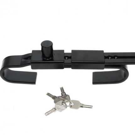 A black metal gate latch lock with a thumbturn and two keys, shown on a plain white background.
