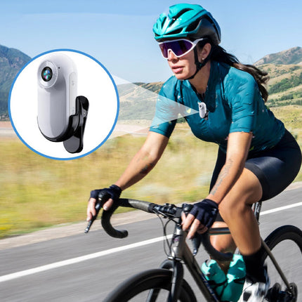 Woman riding a bicycle on a road with a close-up of a camera device inset.