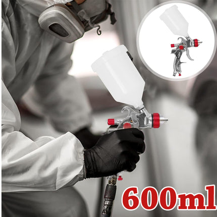 Person holding a spray gun with a close-up inset and '600ml' text.