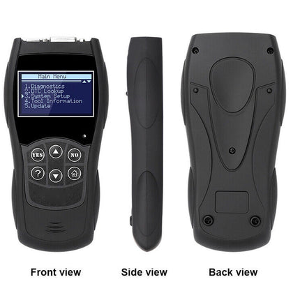 Black diagnostic tool with front, side, and back views on a white background