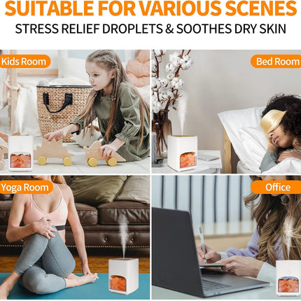 A promotional collage for stress relief droplets and sooth dry skin, showing four lifestyle scenes: a child in a kids' room, a person in bed, a woman in a yoga room, and a woman working in an office. The top text reads 'SUITABLE FOR VARIOUS SCENES' and 'STRESS RELIEF DROPLETS & SOOTH DRY SKIN.
