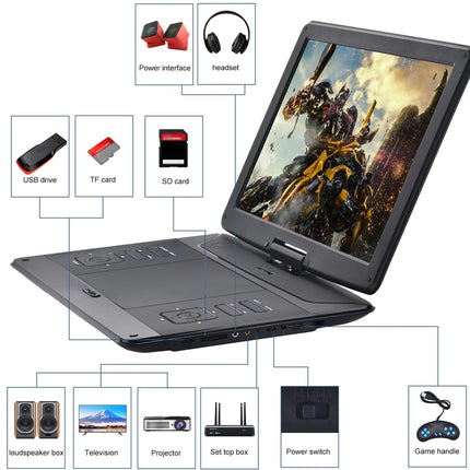 Portable entertainment device with features listed on a white background