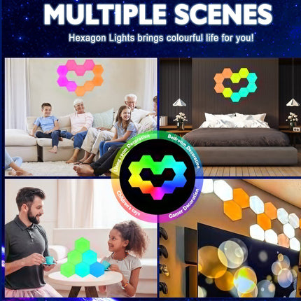 Promotional collage for hexagon wall lights showing multiple lifestyle scenes: a living room with a family, a bedroom with a couple, and people interacting with colorful hexagonal lights. The top text reads 'MULTIPLE SCENES' and 'Hexagon Lights brings colourful life for you!'.