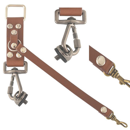Brown leather strap with metal clasp on a white background