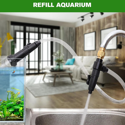 Aquarium refill system with hose and connectors in a living room setting