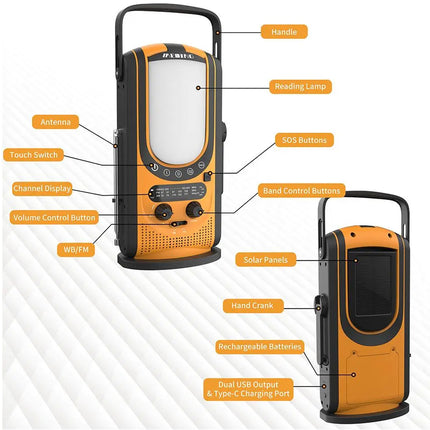 Emergency Weather Radio - Solar & Hand-Crank Power Source | 6000mAh Power Bank IP66 Waterproof LED Camping Lantern FM/NOAA SOS Alarm Orange