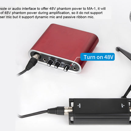 Red audio interface with microphone and text explaining phantom power support on a white background
