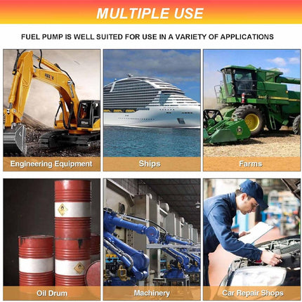 Advertisement showcasing the multiple uses of a fuel pump with images of engineering equipment, ships, farms, oil drums, machinery, and car repair shops.