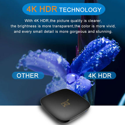 Black electronic device with 4K HDR text and blue flower in the background