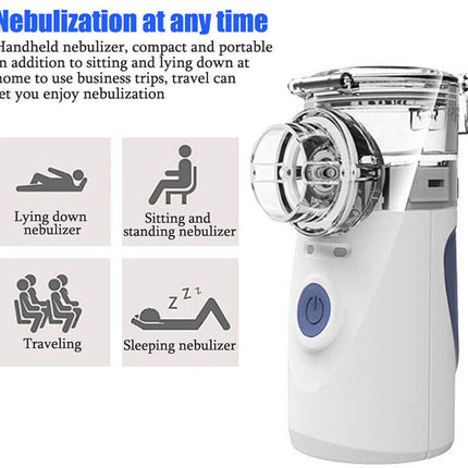 Handheld nebulizer with text highlighting its portability and convenience for various activities.