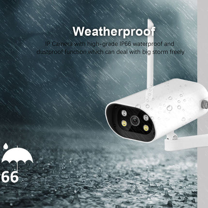 Weatherproof IP camera with IP66 rating on a rainy background