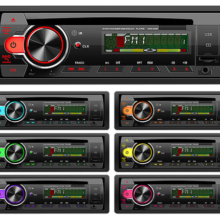 Collection of car stereo receivers with different color schemes on a white background