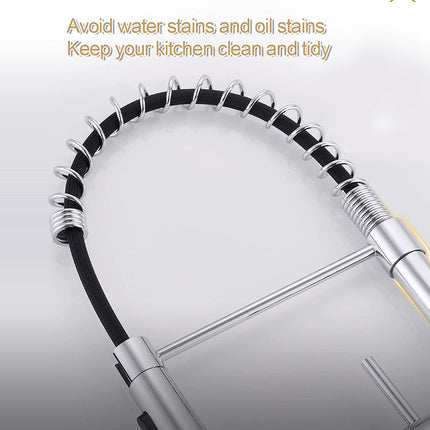 A close-up of a modern kitchen faucet with a curved chrome metal spout, black flexible hose, and side lever handle, shown on a light gray background with promotional text at the top.