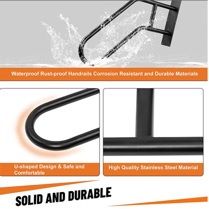 Advertisement for black handrails with features highlighted on a gray background