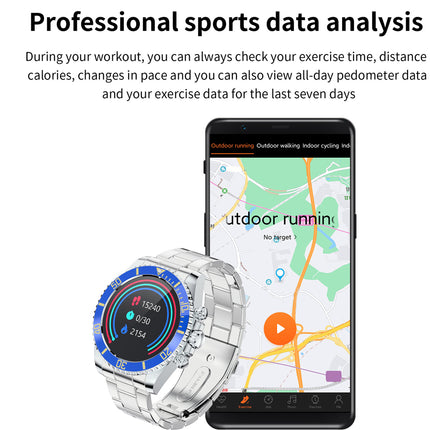A silver smartwatch with a blue-accented bezel is shown in front of a smartphone displaying an outdoor running map. Above them is marketing text reading 'Professional sports data analysis' with a description of tracking exercise time, distance, calories, pace, and pedometer data for the last seven days.