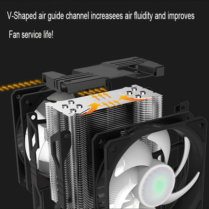 A 3D-rendered computer CPU cooler with a large front fan and a finned heat sink, shown on a dark background with explanatory text about V-shaped air guide channels and airflow.