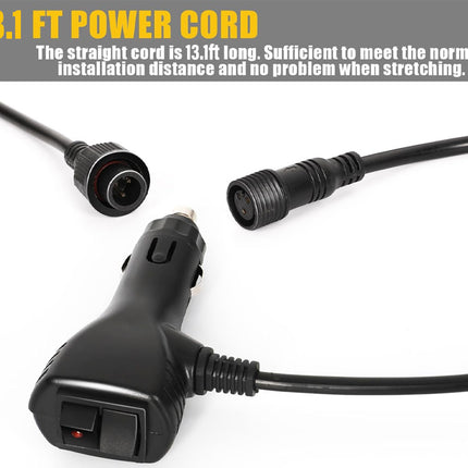 Black power cord with car charger adapter on a white background