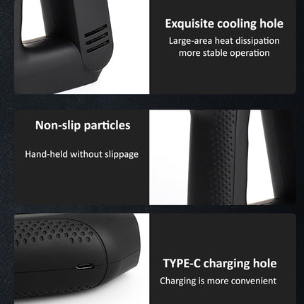 A promotional infographic showing three close-up views of a black handheld device with feature callouts: an 'Exquisite cooling hole' for heat dissipation, 'Non-slip particles' for grip security, and a 'TYPE-C charging hole' for convenient charging, set against a dark textured background.