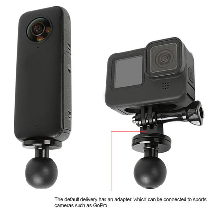 Two cameras, one with an adapter, on a white background