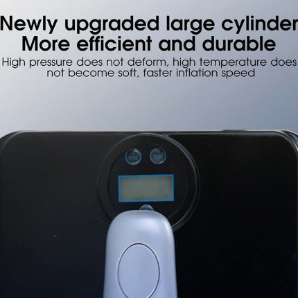 Black air pump with digital display on a gray background, featuring text about upgraded large cylinder.