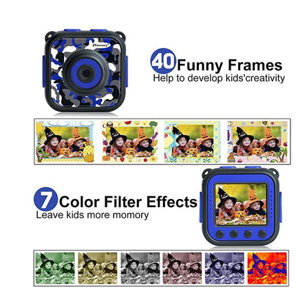 A kids' square camera shown on a white background with feature callouts: '40 Funny Frames' and '7 Color Filter Effects,' plus small example photos and color filter thumbnails.