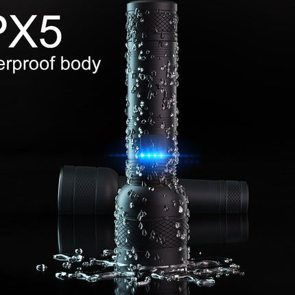 Black flashlight with water droplets and 'IPX5 waterproof body' text on a black background