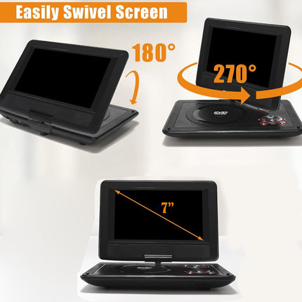Portable DVD player with swivel screen feature on a white background