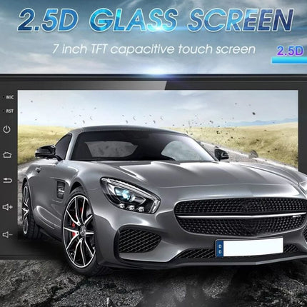 Car multimedia display with 2.5D glass screen and 7-inch TFT capacitive touch screen, featuring a car on the screen.