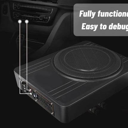Car subwoofer with text 'Fully functional Easy to debug' on a black background