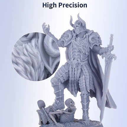 A light gray 3D-printed fantasy warrior miniature figurine holding a sword, shown with a circular close-up detail inset and the text 'High Precision' at the top against a light blue gradient background.
