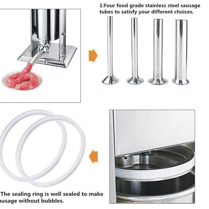 Stainless steel sausage making machine with components and meat being processed.
