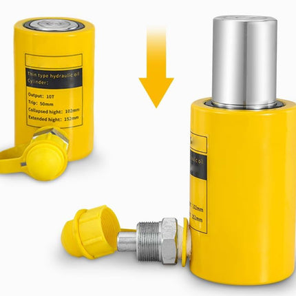 Yellow hydraulic cylinder with a silver metal rod and hex nut, shown in both extended and collapsed positions on a white background with a yellow arrow indicating the function.