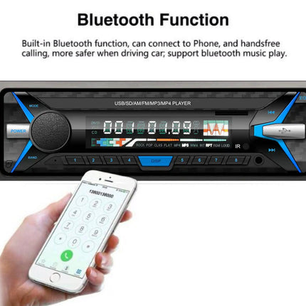 Car stereo with Bluetooth function and a hand holding a smartphone.