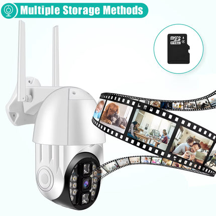 White wireless security camera with two antennas and a black lens ring, shown on a light background with a teal banner reading 'Multiple Storage Methods,' a small inset of an SD card, and a film-strip graphic displaying photos.