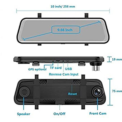 Car dashboard camera with rearview mirror and measurements on a white background