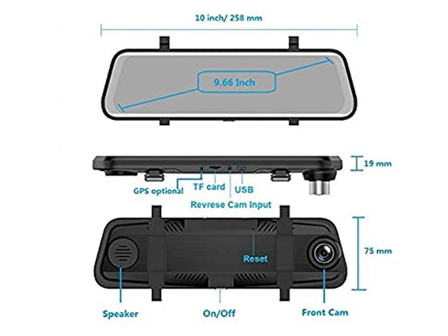 Car dashboard camera with rearview mirror and measurements on a white background