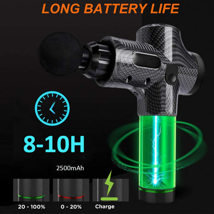 A carbon-fiber-textured handheld massage gun with a black nozzle, shown on a black background with promotional text reading 'LONG BATTERY LIFE', '8-10H', '2500mAh', and battery level icons.