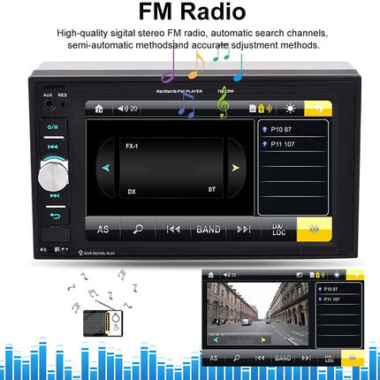 Car stereo system with FM radio display on a white background