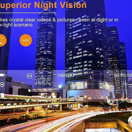 Cityscape at night with illuminated buildings and traffic, highlighting superior night vision feature.