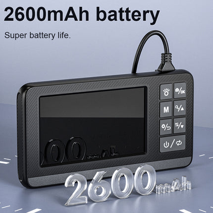 Black electronic device with a screen and buttons on a gray background, featuring '2600mAh battery' text.