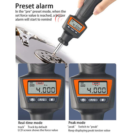 Digital force gauge with LCD display being used to measure force, showing preset alarm and different modes.
