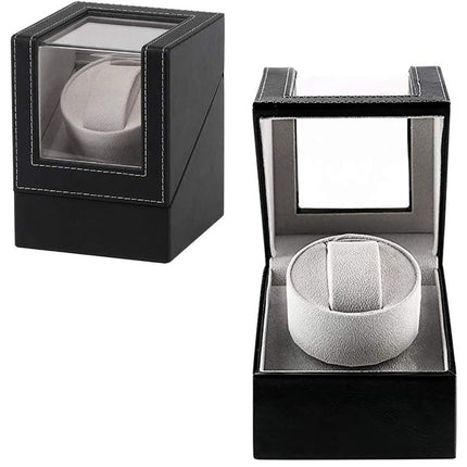 Black watch box with a white watch inside on a white background