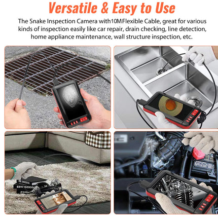 A promotional collage for a snake inspection camera with a flexible cable. The top text reads 'Versatile & Easy to Use.
