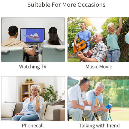Four scenarios showing a product's versatility: watching TV, music movie, phonecall, and talking with friend.
