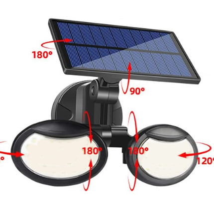 Solar-powered outdoor light fixture with adjustable angles on a white background