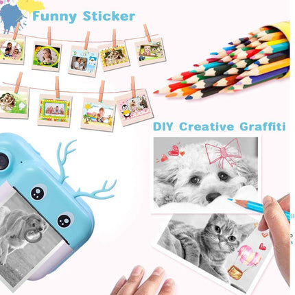 Collage of a photo printer, colorful pencils, and photo stickers on a white background.
