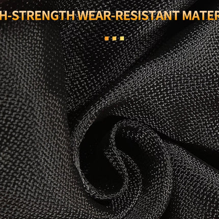 Close-up of black textured fabric with a rolled fold in the center and orange text at the top reading 'HIGH-STRENGTH WEAR-RESISTANT MATERIAL'.