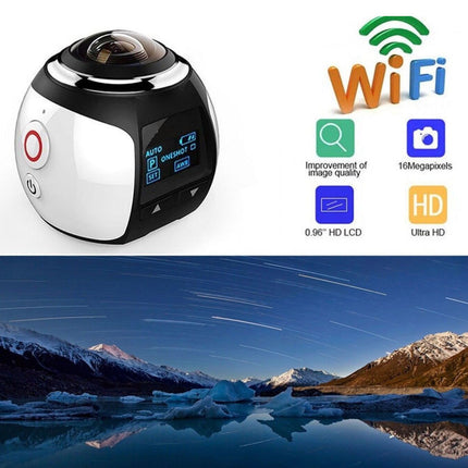 360-degree camera with WiFi and HD features, displayed with a scenic mountain landscape.
