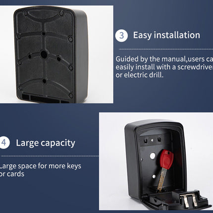 Key storage device with text on easy installation and large capacity on a blue background