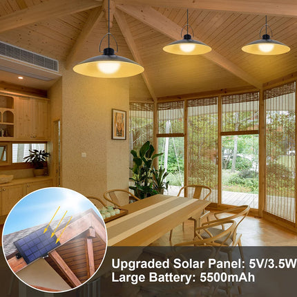 Modern kitchen with pendant lights and a dining area, featuring an inset of solar panel and battery information.
